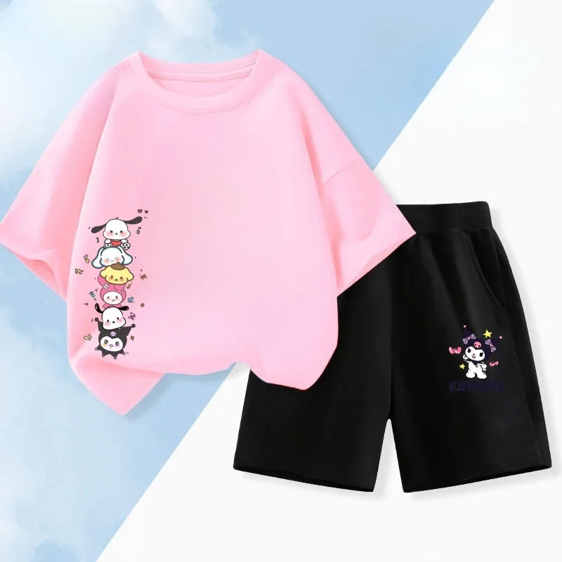 Summer Baby Girl Clothes Set Children Sanrio Pochacco Cartoon Printing T-shirt and Short 2 Pcs Suit Kid Shorts Sleeve Tracksuit