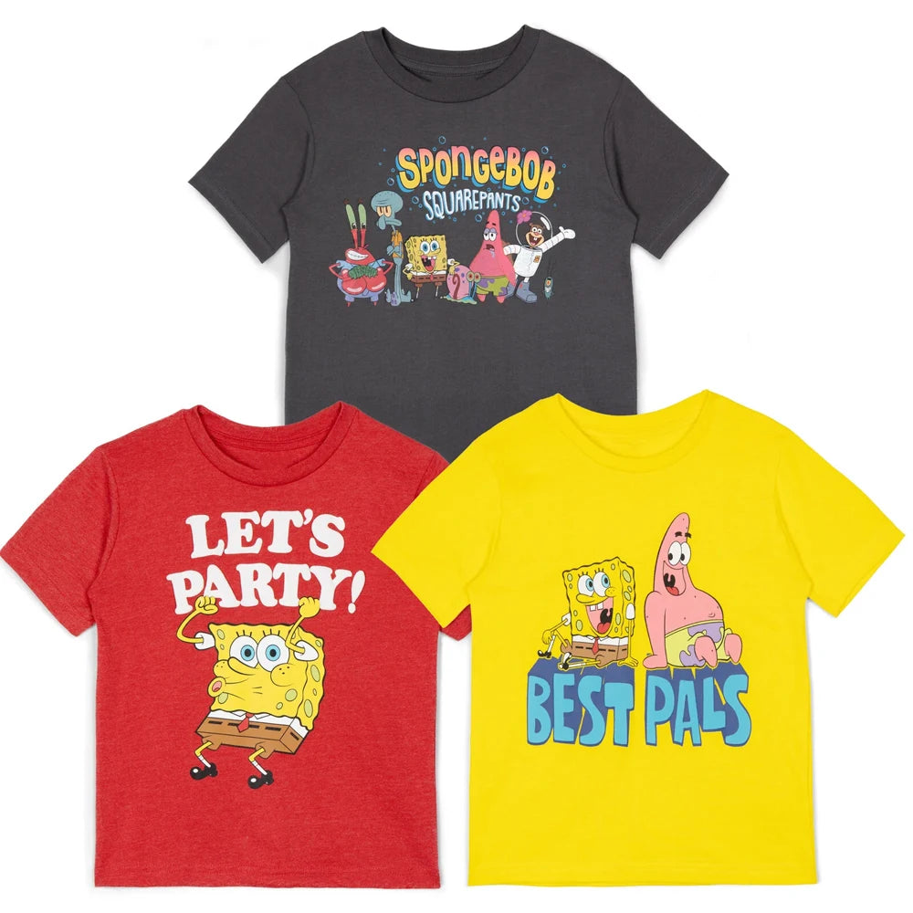 Kids 3-Pack SpongeBob T-Shirts Boys Girls Character Group Print + "LET'S PARTY!" + "BEST PALS" Tees Casual for Toddler Children