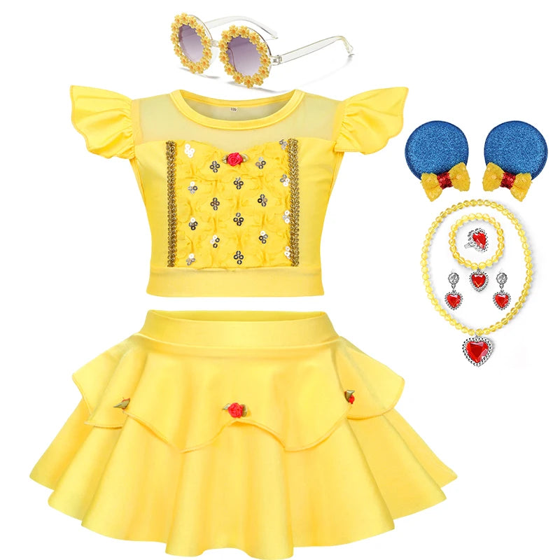 Summer Kids Girls Two Piece Elsa Beach Bikini Swimsuit 2025 Kids Rapunzel Jasmine Swimwear  Child Swimming Outfits Ruffled Skirt