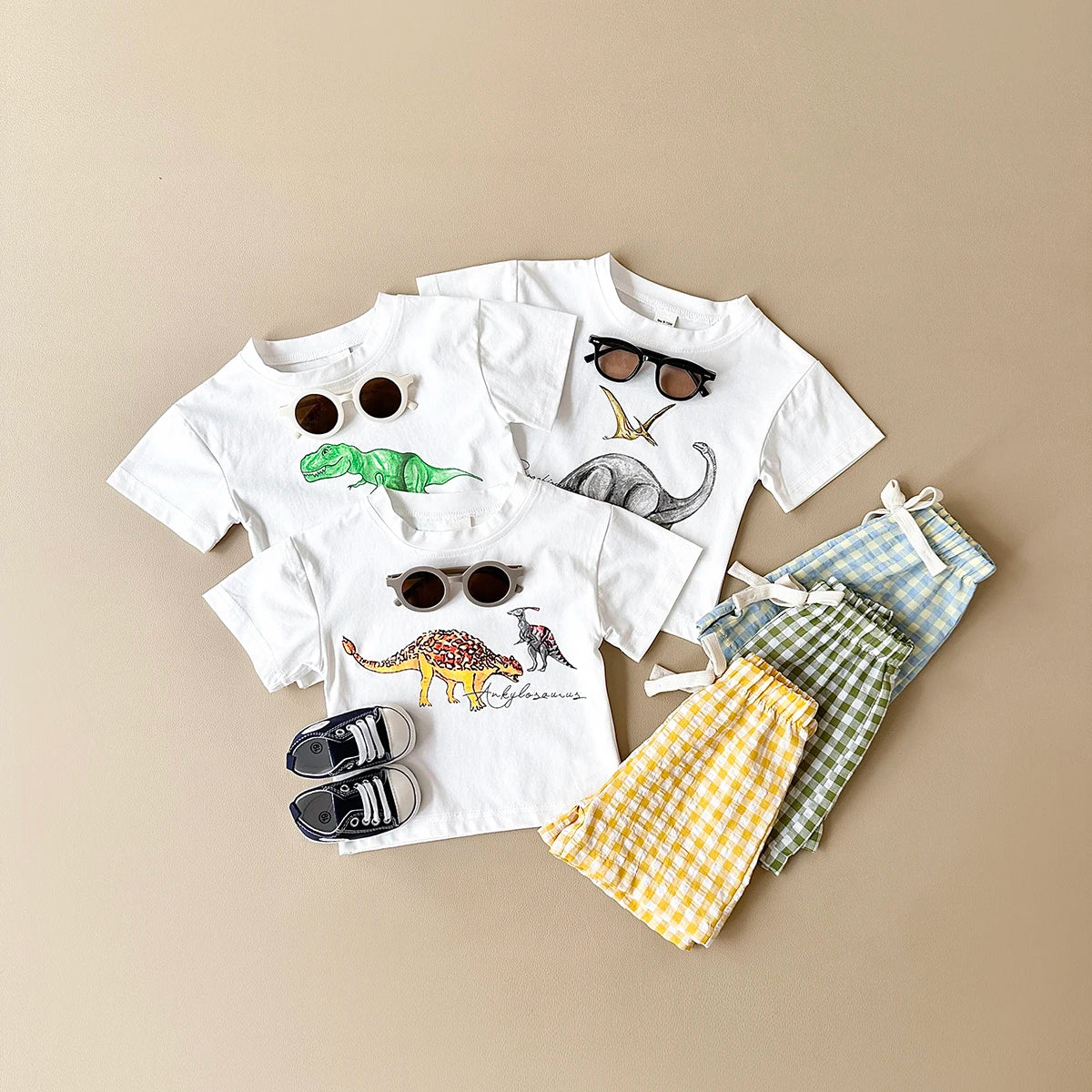 New Baby Clothes Set Infant Dinosaur Print Top+Grid Shorts Baby Boys Girls Casual Baby Set Newborn Summer Baby Clothes 2Pcs/Sets