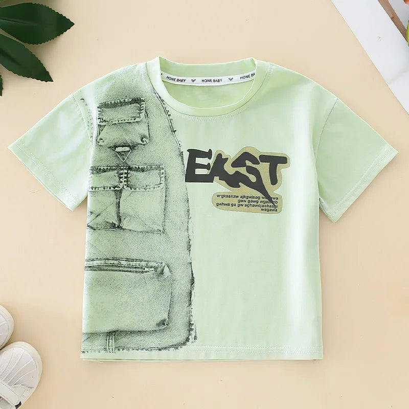Boys Summer T Shirt Casual O Neck Short Sleeve Kids Fake Denim Pocket Print Tops Letter Graphic Tees Children Streetwear Clothes
