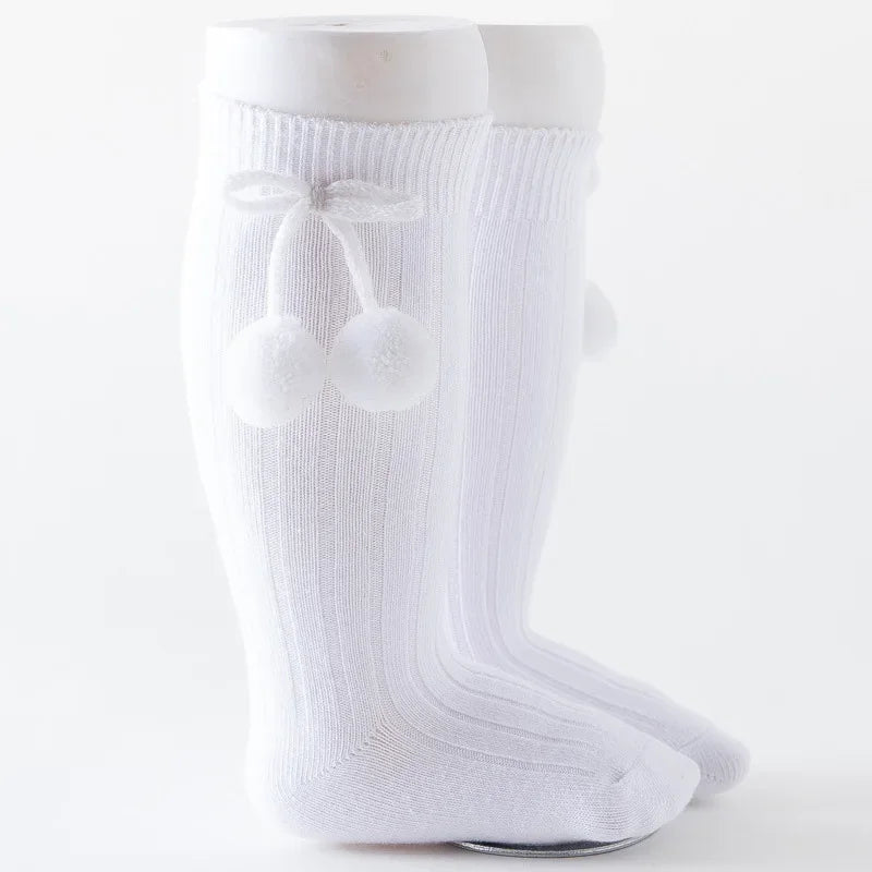 Baby Socks Solid Cotton Soft Long Princess Socks with Cute Pom-Pom Bow Decor Boy Girls Stretchy Warm Cozy Casual Socks Stockings