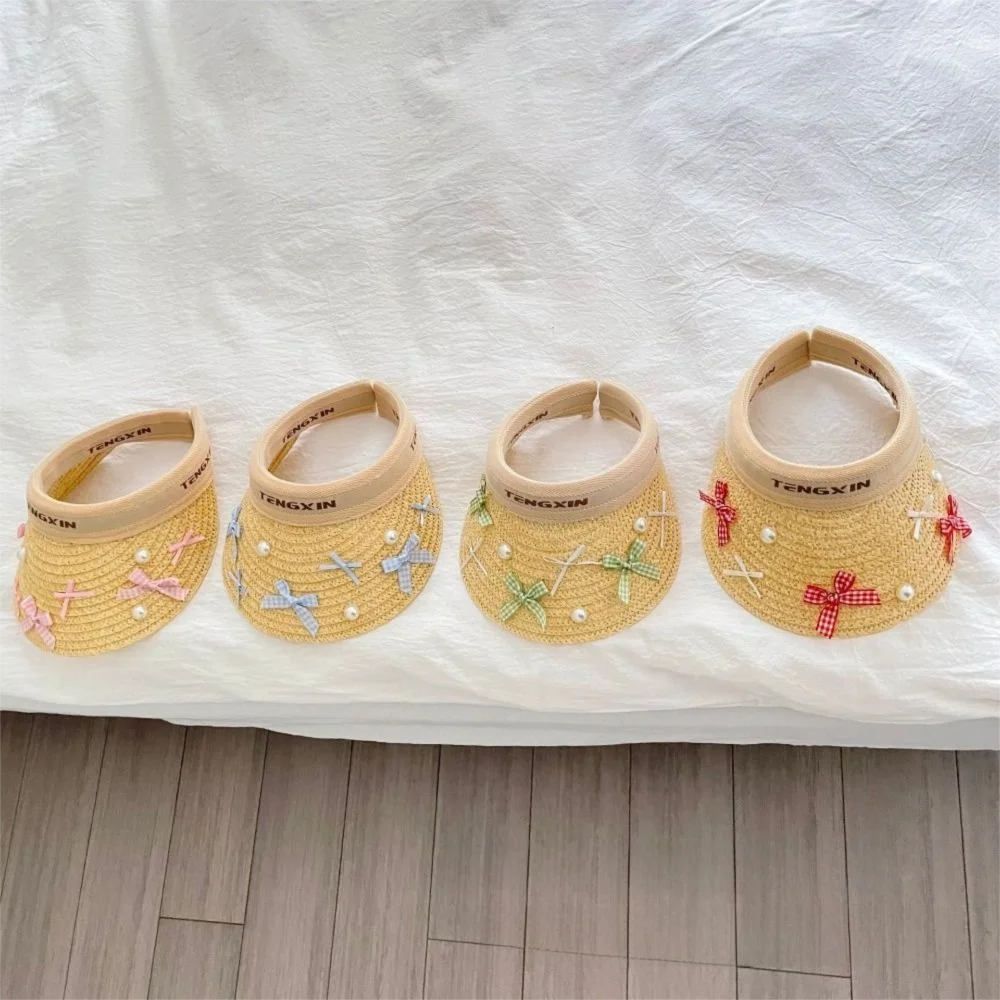Bowknot Kids Summer Straw Hat Wide Brim UV Protection Large Brim Sun Visor Cap Comfortable Breathable Empty Top Baseball Cap