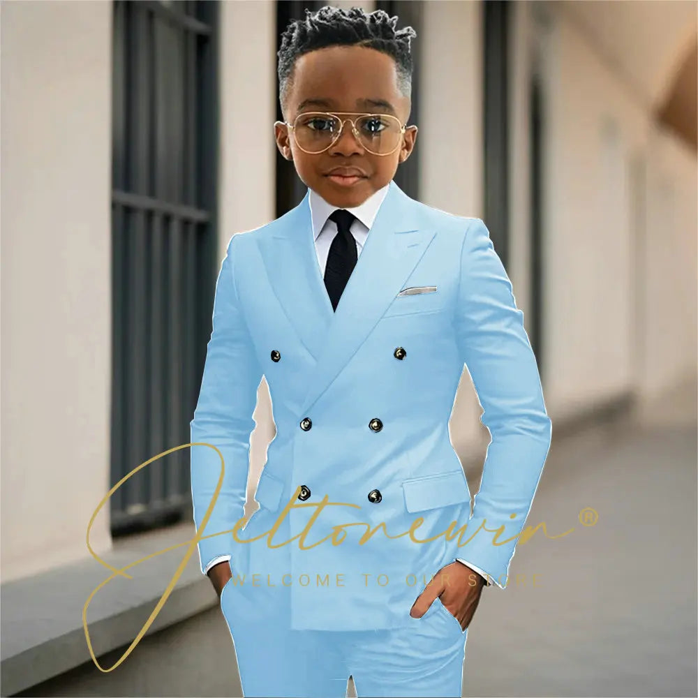 Boy's Beige Suit Set Double Breasted Blazer Pants 2 Pieces Classic kids Wedding Tuxedos Children Party Suits outfits