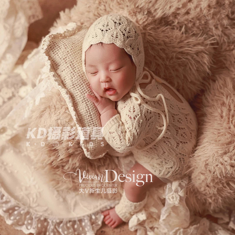 Vintage Style Newborn Photography Outfit Baby Knit Jumpsuit Romper + Hat + Socks for Photoshooting, Christening, Baby Shower