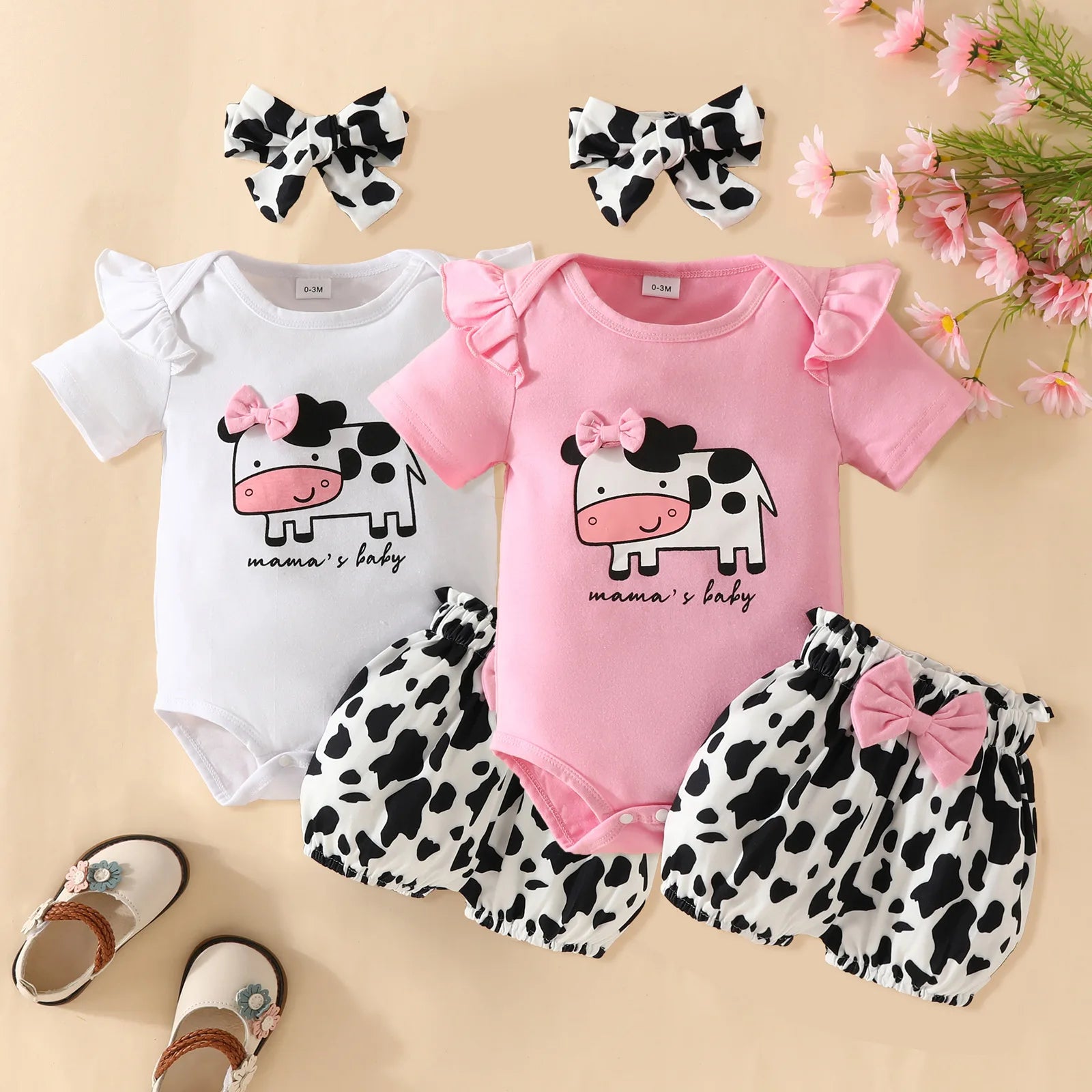 Baby Summer Clothes Set 0-18M Infant Girls Cartoon Print Short Sleeve Bodysuit+Shorts+Headband 3Pcs Toddler Fashion Outfit