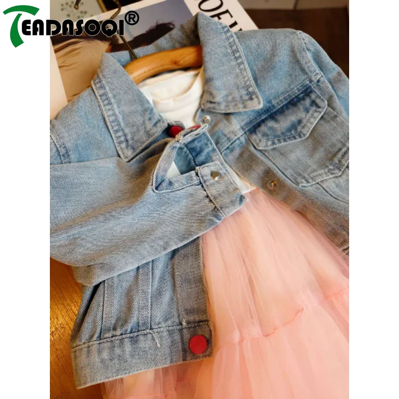 3-8Y Kids Clothes Suit for Spring Autumn Children Cardigan Denim Jacket Coat Top+Girls Gauze Skirt Lace Princess Dress 2Pcs Set