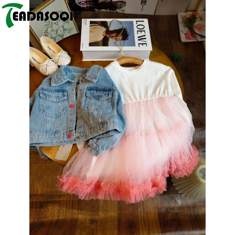 3-8Y Kids Clothes Suit for Spring Autumn Children Cardigan Denim Jacket Coat Top+Girls Gauze Skirt Lace Princess Dress 2Pcs Set