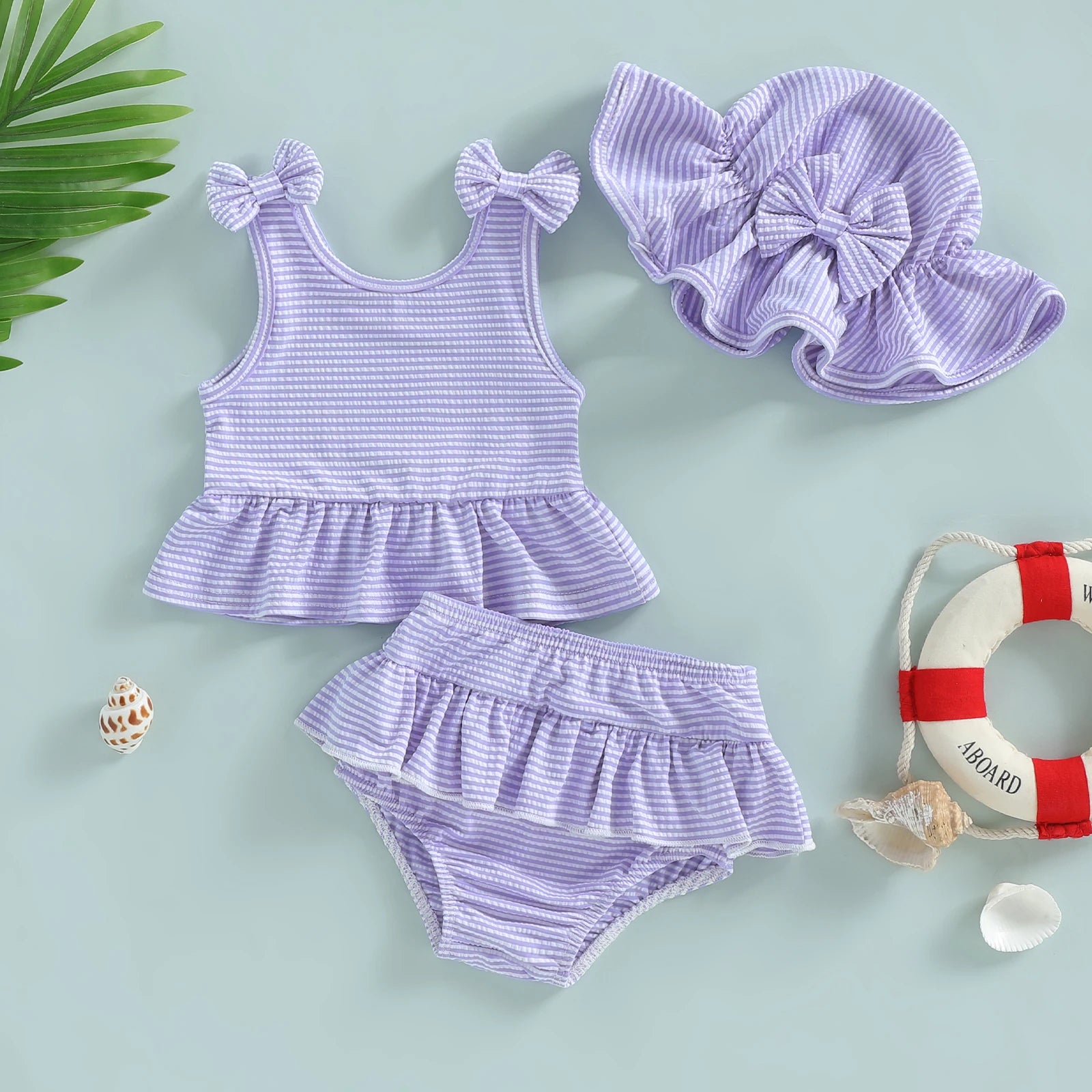 Toddler Baby Girl Striped Swimsuit Cute Fashionable Ruffle Tank Tops with Bottom, Hat 3Pcs Bathing Suit