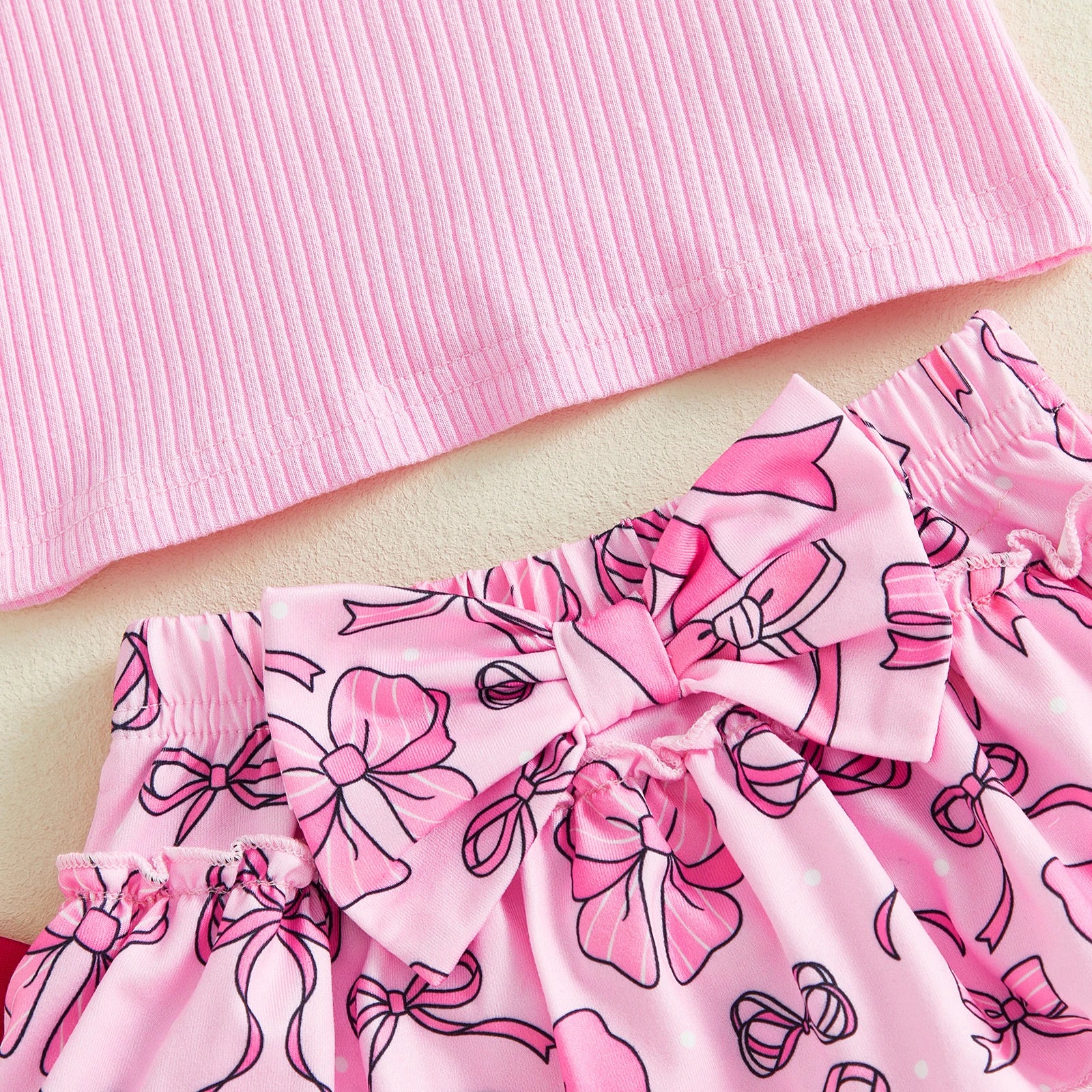 Baby Girl Summer Outfits Solid Color Sleeveless Tank Tops Bowknot Print Elastic Waist Ruffles Shorts Headband 3Pcs Clothes Set