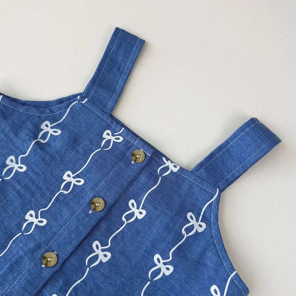 Summer New 2025 Baby Girls Suits Imitation Denim Bow Print Sleeveless Tops and Pants Two-piece Set Casual Children Clothing