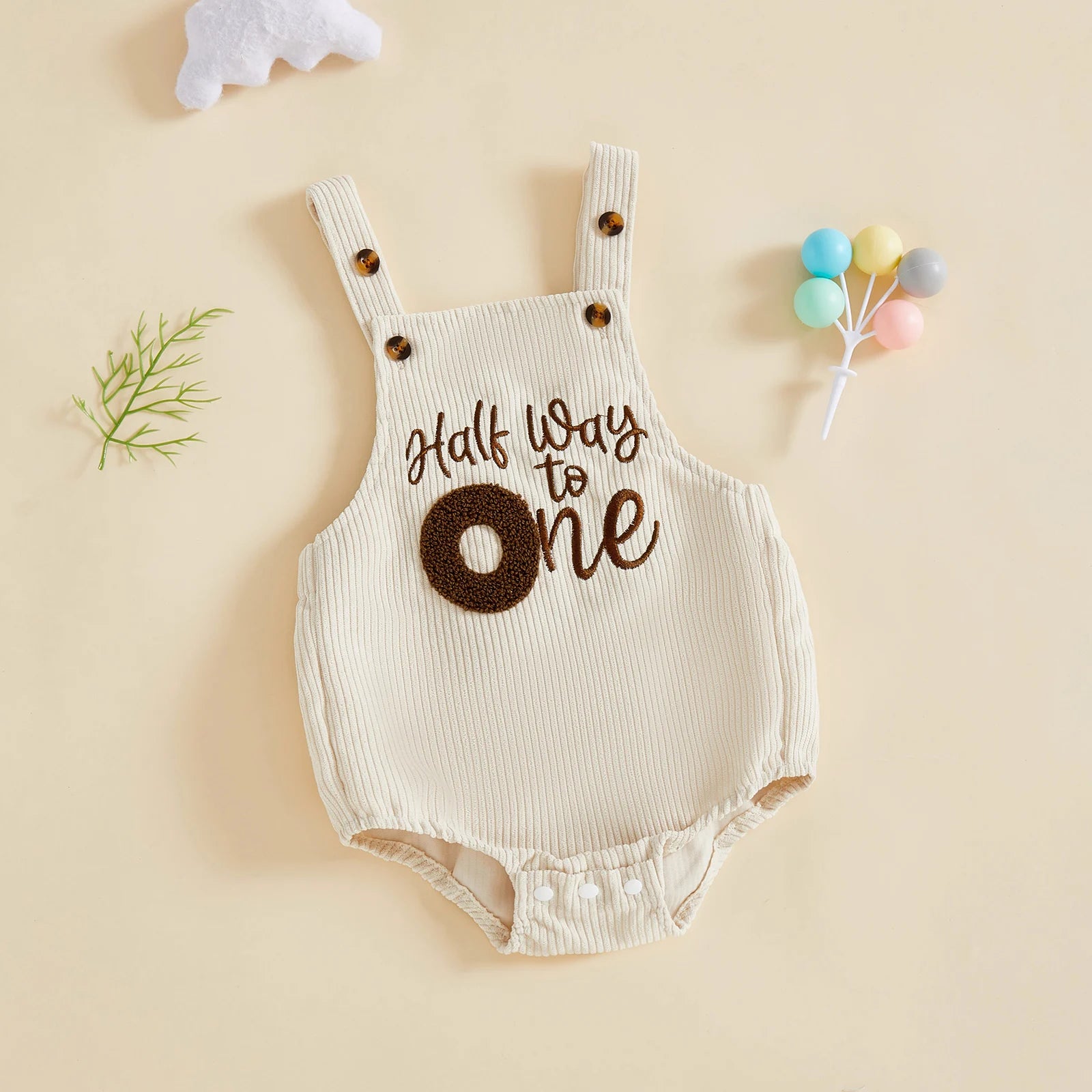 Baby Boy 1/2 Birthday Outfit Sleeveless Corduroy Overalls Half Way to One Cake Smash Romper for Half Birthday Party