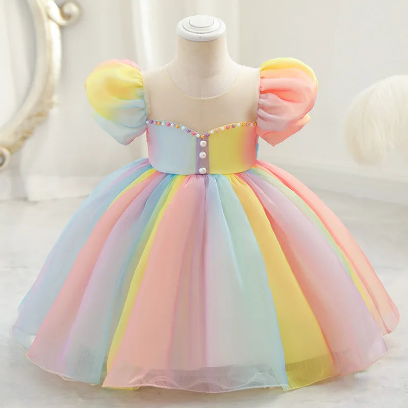 dress  girl's first birthday, a princess dress with puffed sleeves  summer baby girl rainbow gradient color dress for children