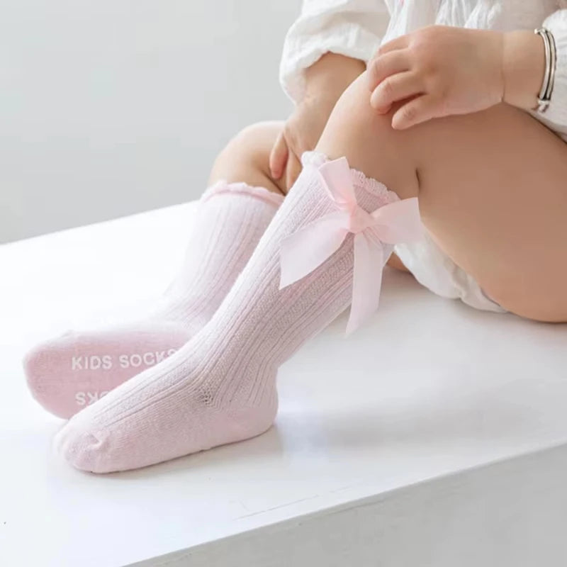 Bow Baby Long Socks Spring Autumn Kids Knit Stockings Non-slip Princess Girls Knee High Sock Solid Cotton Newborn Footwear 0-3Y