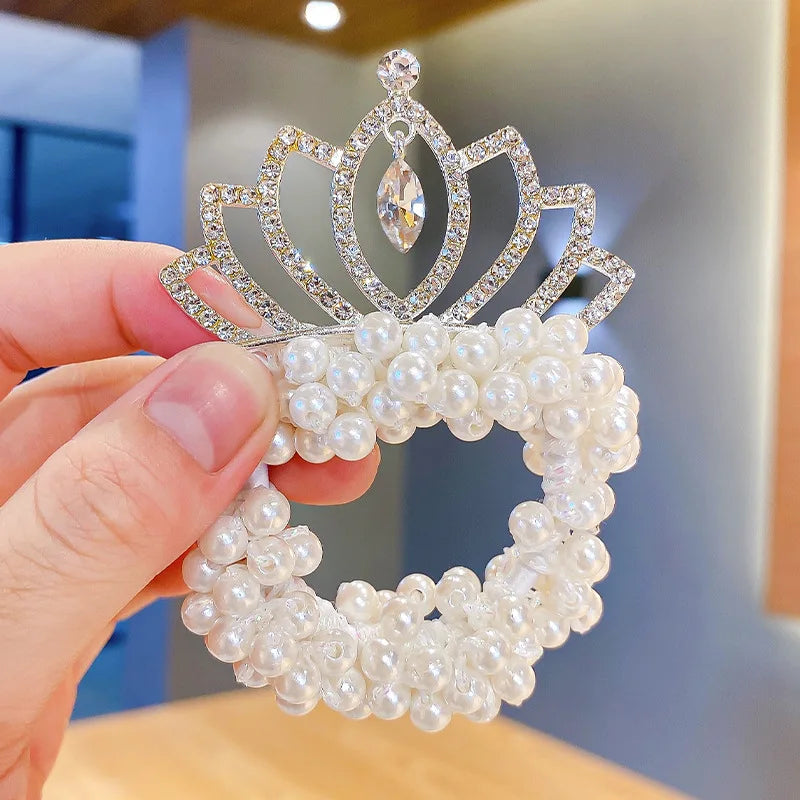 Fashion Pearl Crown Princess Elastic Hair Bands Cute Kids Hair Ties Girls Accessories Baby Headwear