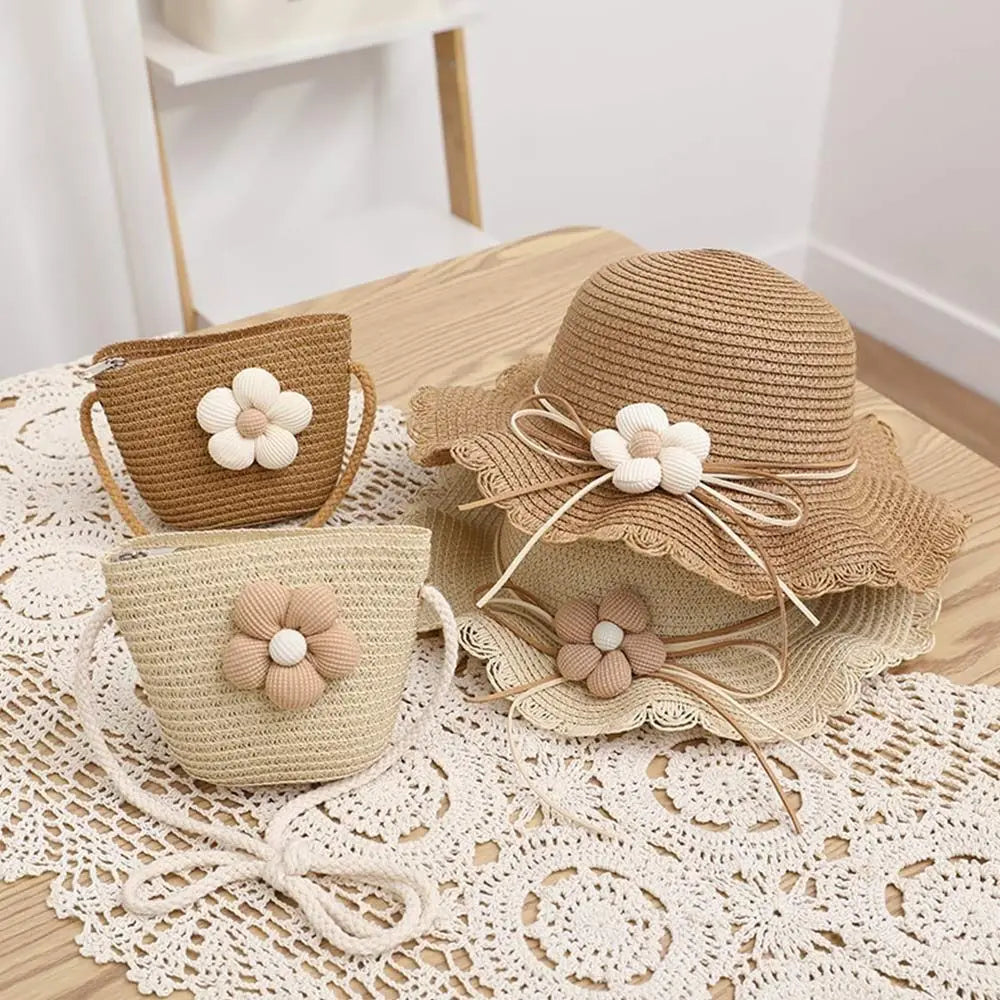 UV Protection Kids Straw Cap Bag Outdoor Spring Summer Breathable Beach Cap Travel Big Brim Sun Hat Children Girls