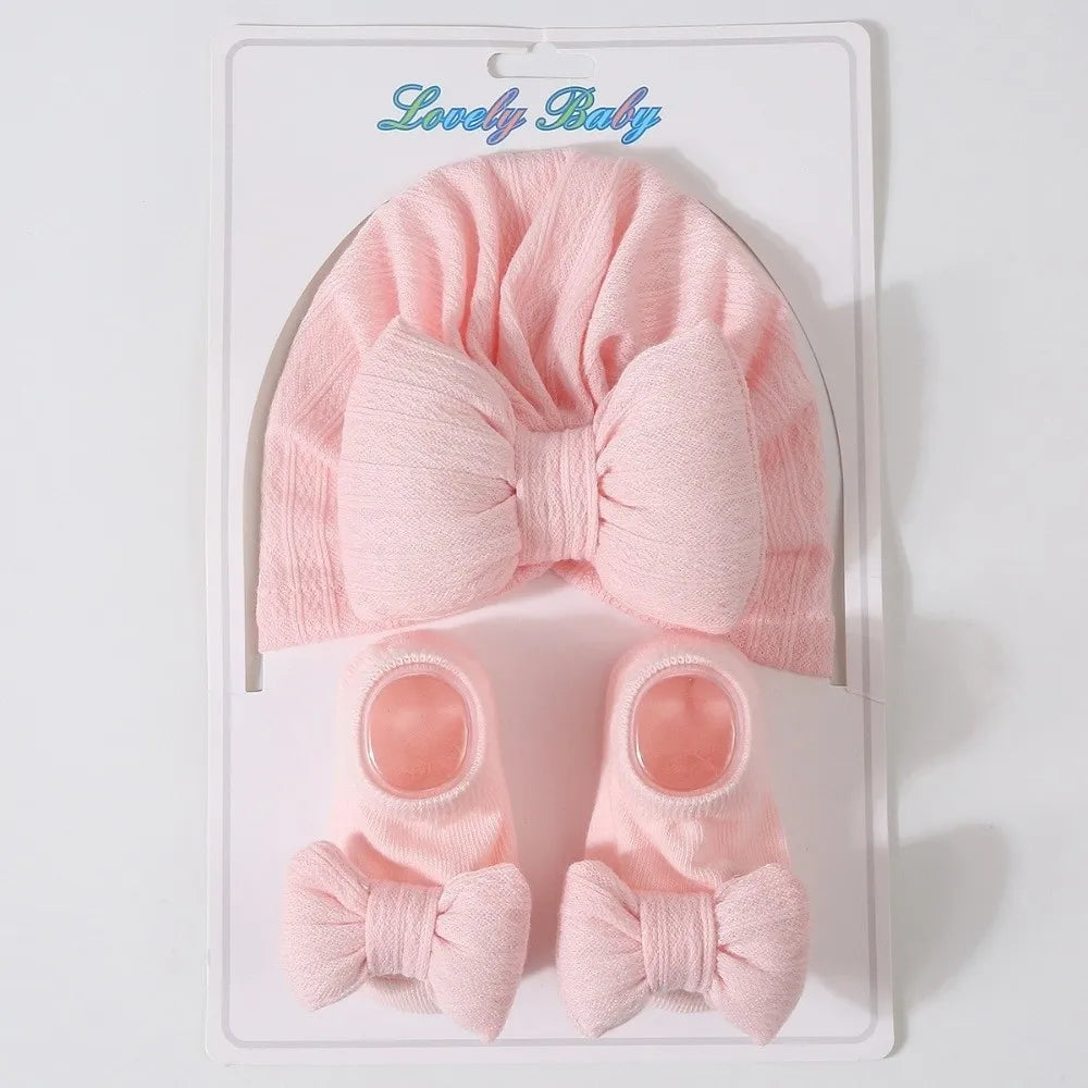 3Pcs/Set Soft Bow Baby Hat Socks Set Cotton Solid Color Baby Fetal Cap 0-12 Months Windproof Newborn Turban Hat Toddler