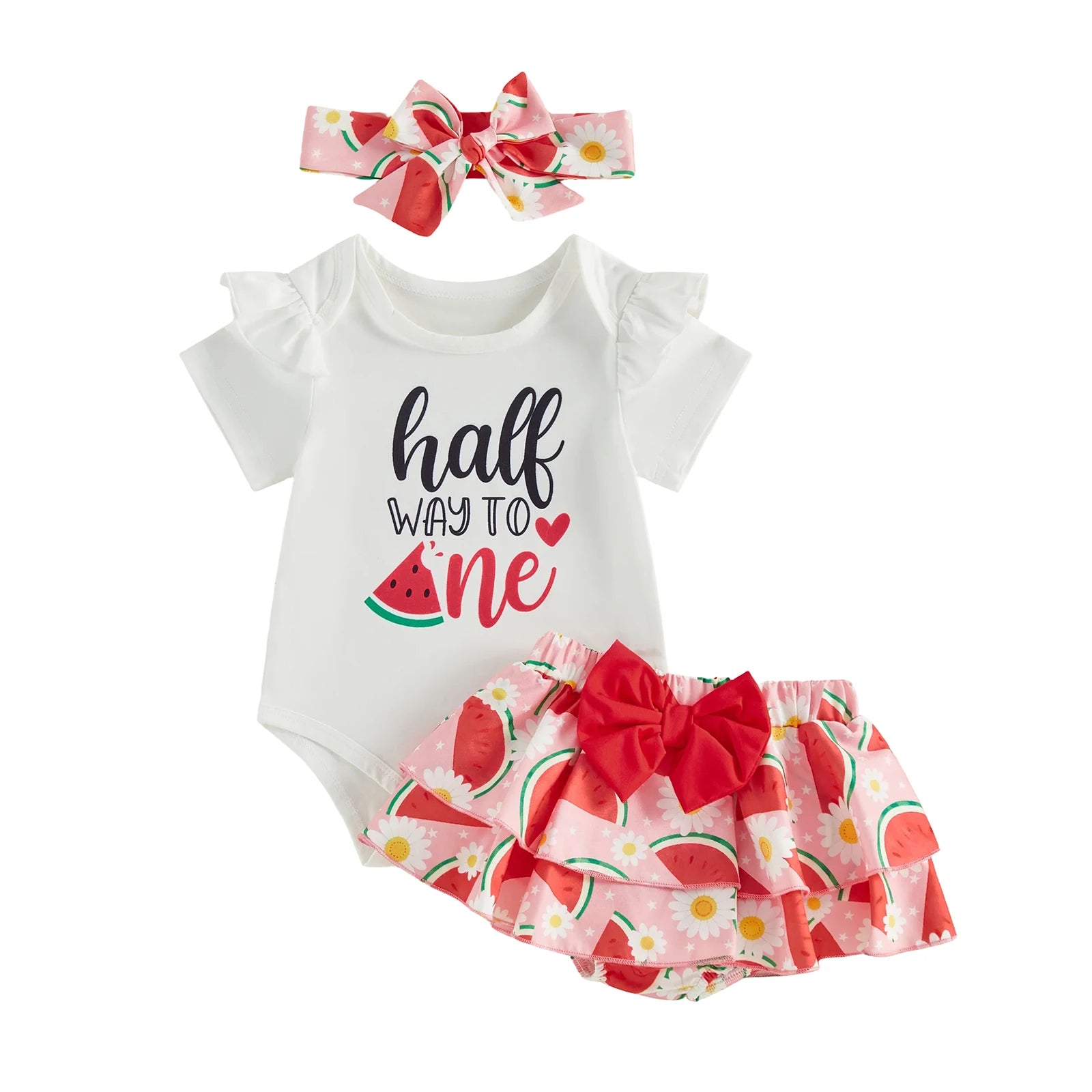 Summer Infant Girl Birthday Outfit Ruffle Short Sleeve Letters Print Romper Elastic Waist Skorts Headband Clothes