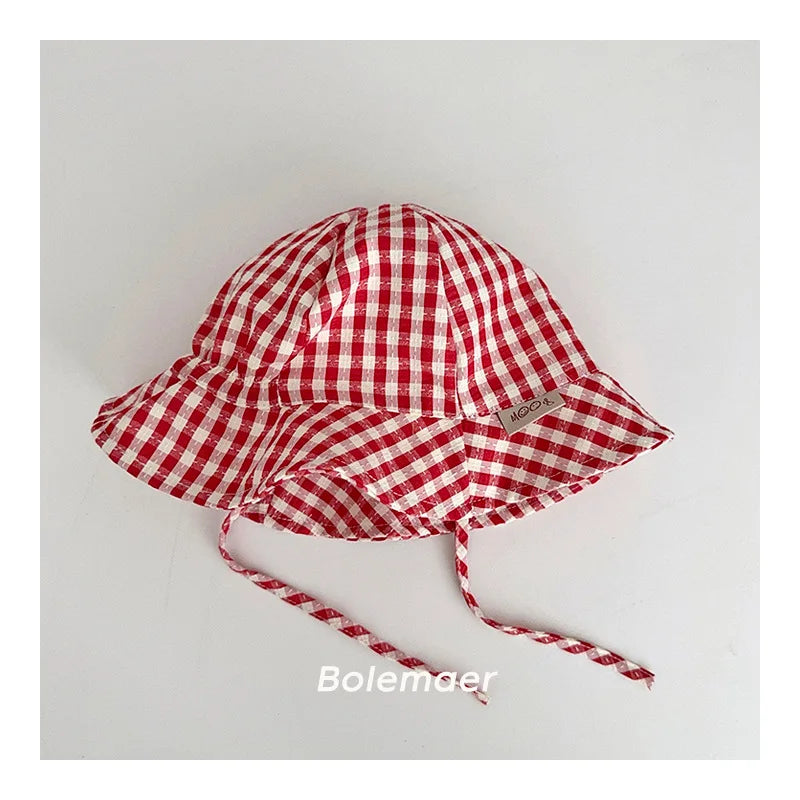 Wide Brim Summer Sun Hat For Baby Plaid Print Fisherman's Hat Children Cotton Bucket Cap For Boys Baby Girls Sunhat Kids Bonnet