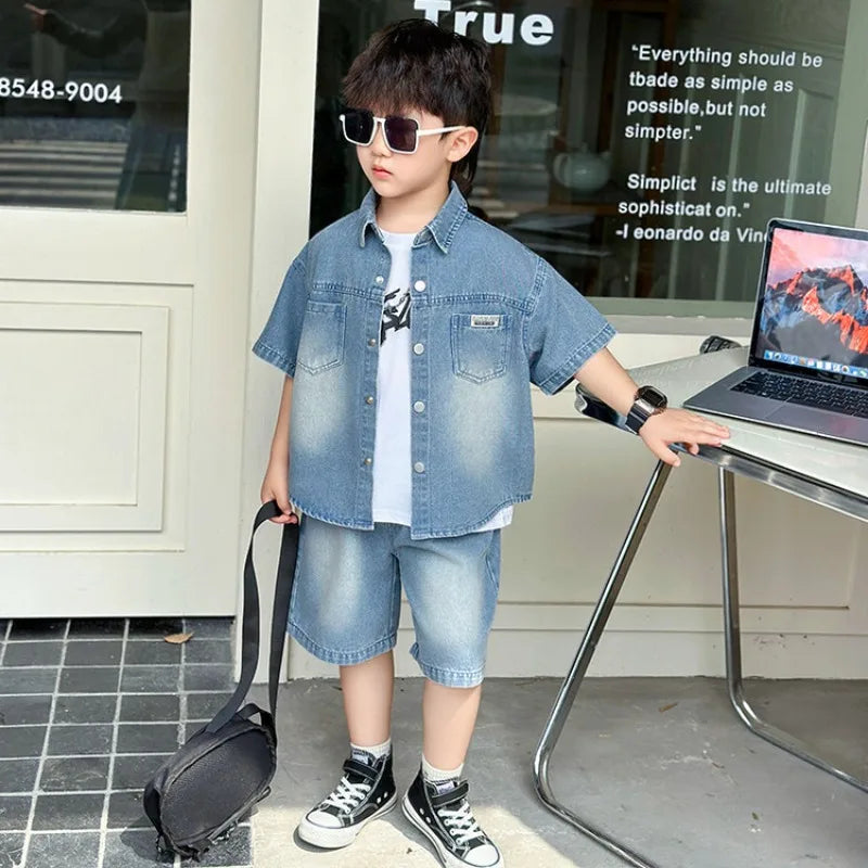Boys Summer Outfit Short Sleeve Denim Three Piece Set Trendy Toddler Clothes Stylish Baby Suit