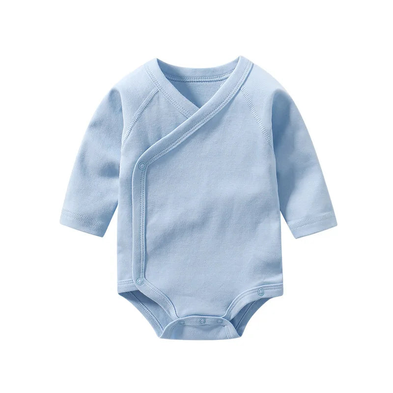 Newborn Baby Bodysuit 0 To 3 Months 100% Cotton Slanting Open Button Solid Color Long Sleeve Jumpsuits Baby Boy Girl Clothes