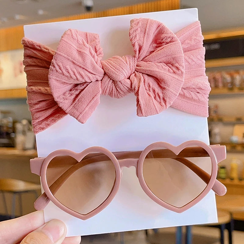 2 Pcs/Set New Children Cute Solid Bowknot Wide Hairbands Heart Sunglasses Hair Bands Baby Girls Headwear Kids Hair Accessories