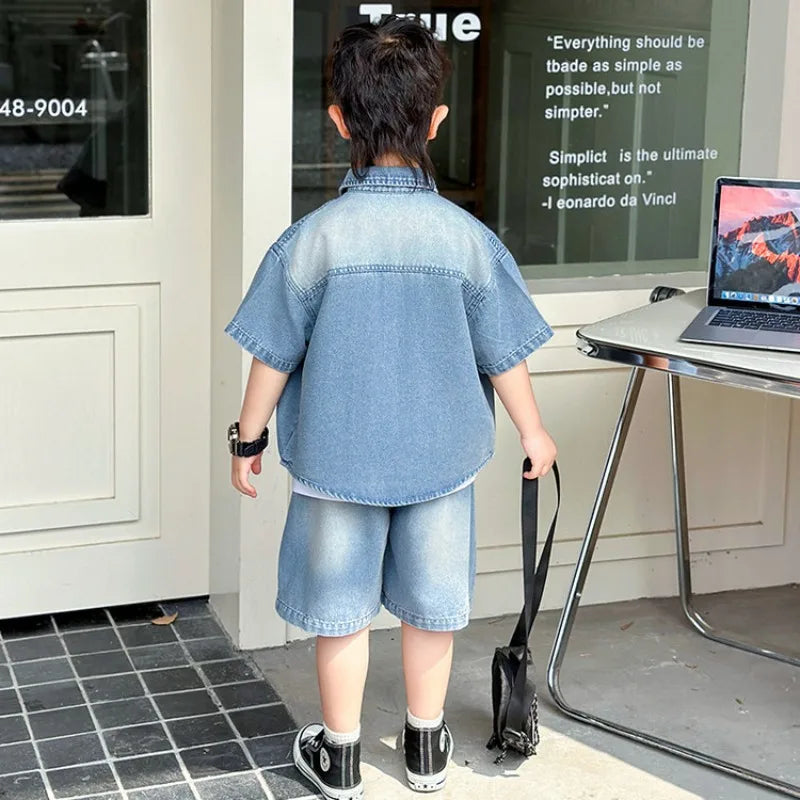 Boys Summer Outfit Short Sleeve Denim Three Piece Set Trendy Toddler Clothes Stylish Baby Suit