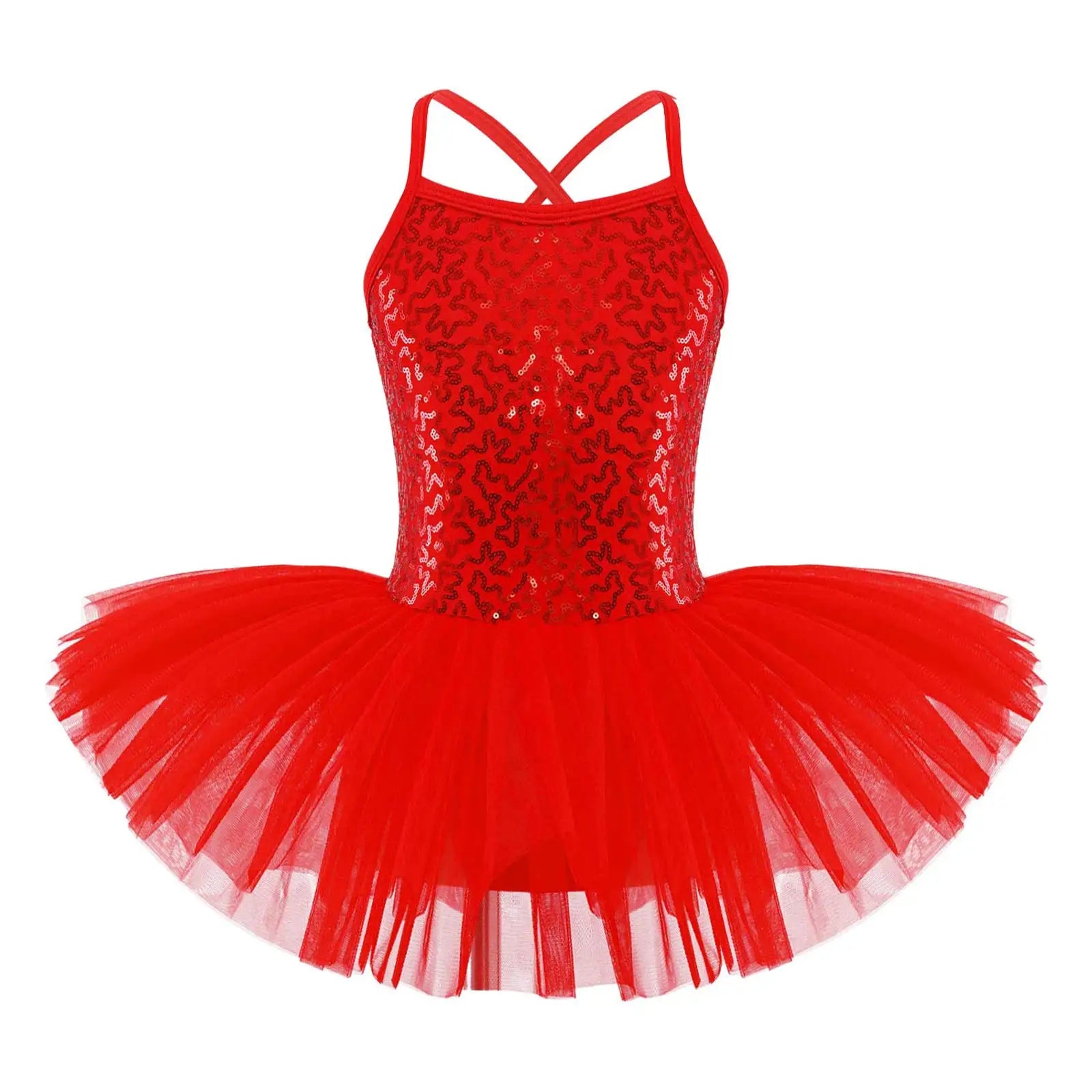 Kids Girls Ballet Tutu Dress Sequin Cross Strap Sleeveless Performance Costume Gymnastics Sequined Ballerina Leotard Gown Outfit