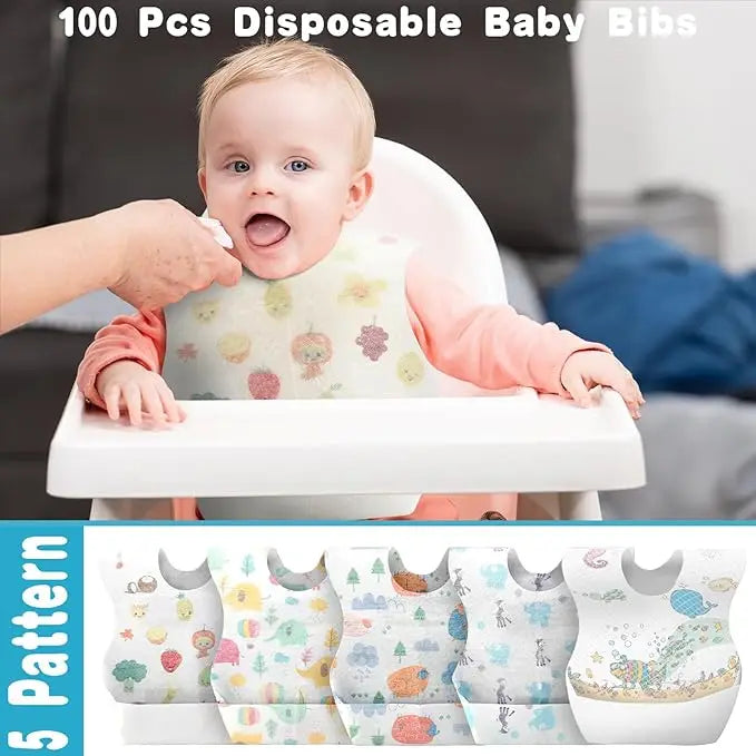 100Pcs Disposable Baby Bibs Individual Wrapped Travel Bibs Waterproof Food Catcher for Toddlers Girls Boys Feeding