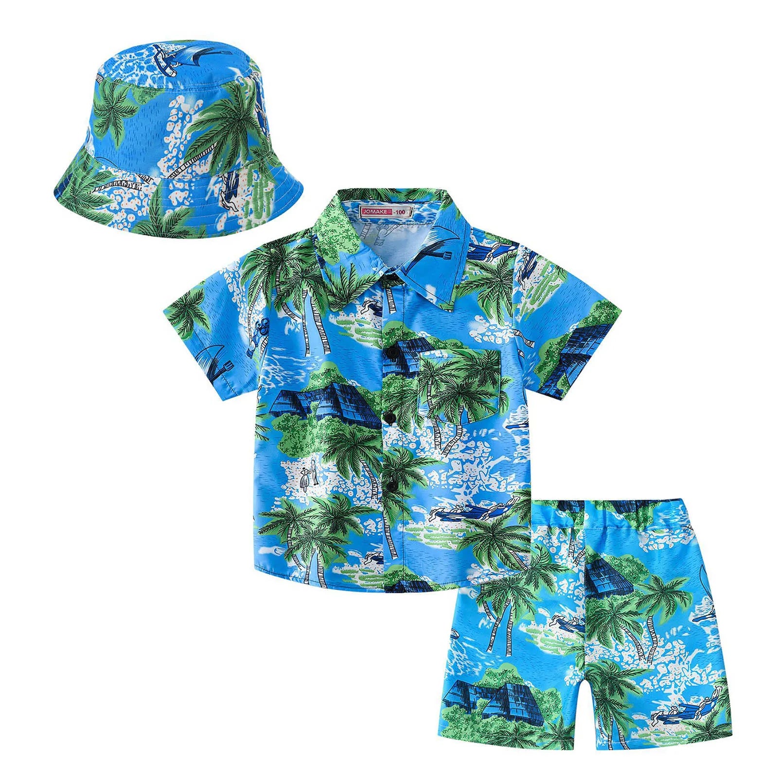Kids Boys Summer Beach Clothes Set Hawaiian Outfits Print Short Sleeve Shirt with Shorts Bucket Hat Pool Swimwear Beachwear