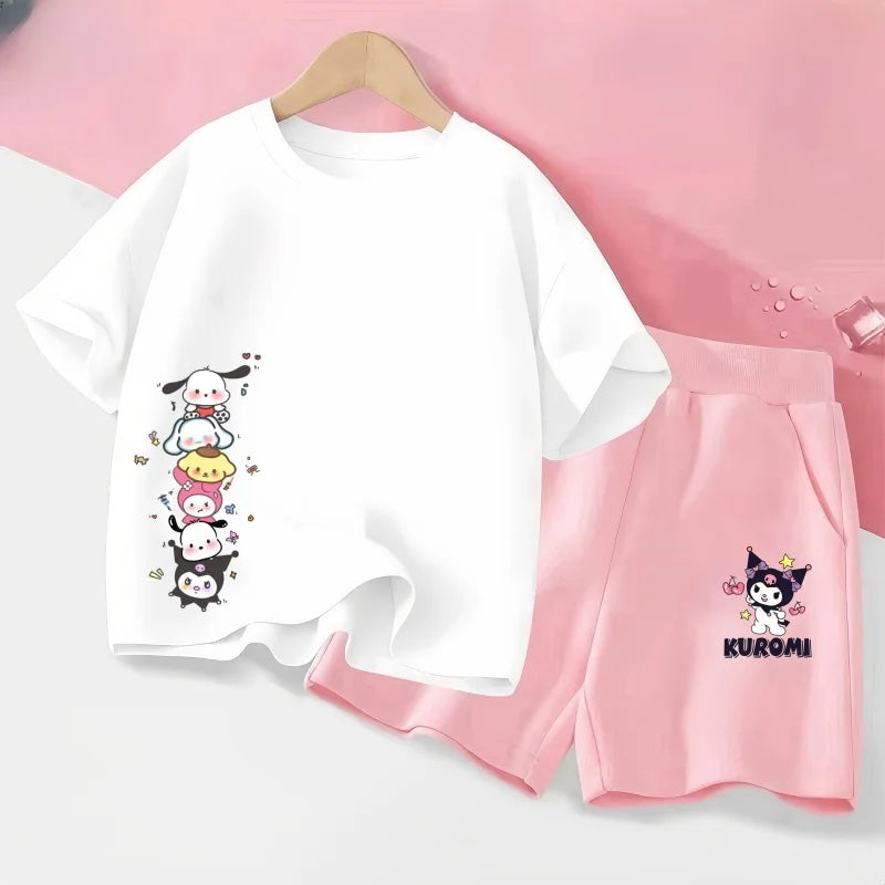 Summer Baby Girl Clothes Set Children Sanrio Pochacco Cartoon Printing T-shirt and Short 2 Pcs Suit Kid Shorts Sleeve Tracksuit