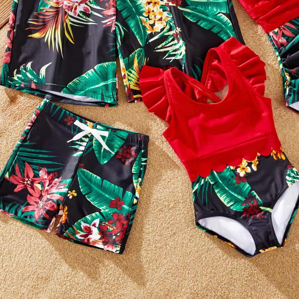 Family Matching Tropical Floral Print Swimwear Set: Dad Shorts, Mom One-Piece, Kid Swimsuit