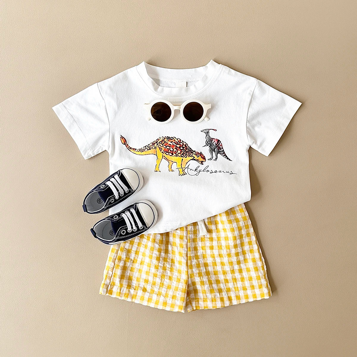 New Baby Clothes Set Infant Dinosaur Print Top+Grid Shorts Baby Boys Girls Casual Baby Set Newborn Summer Baby Clothes 2Pcs/Sets
