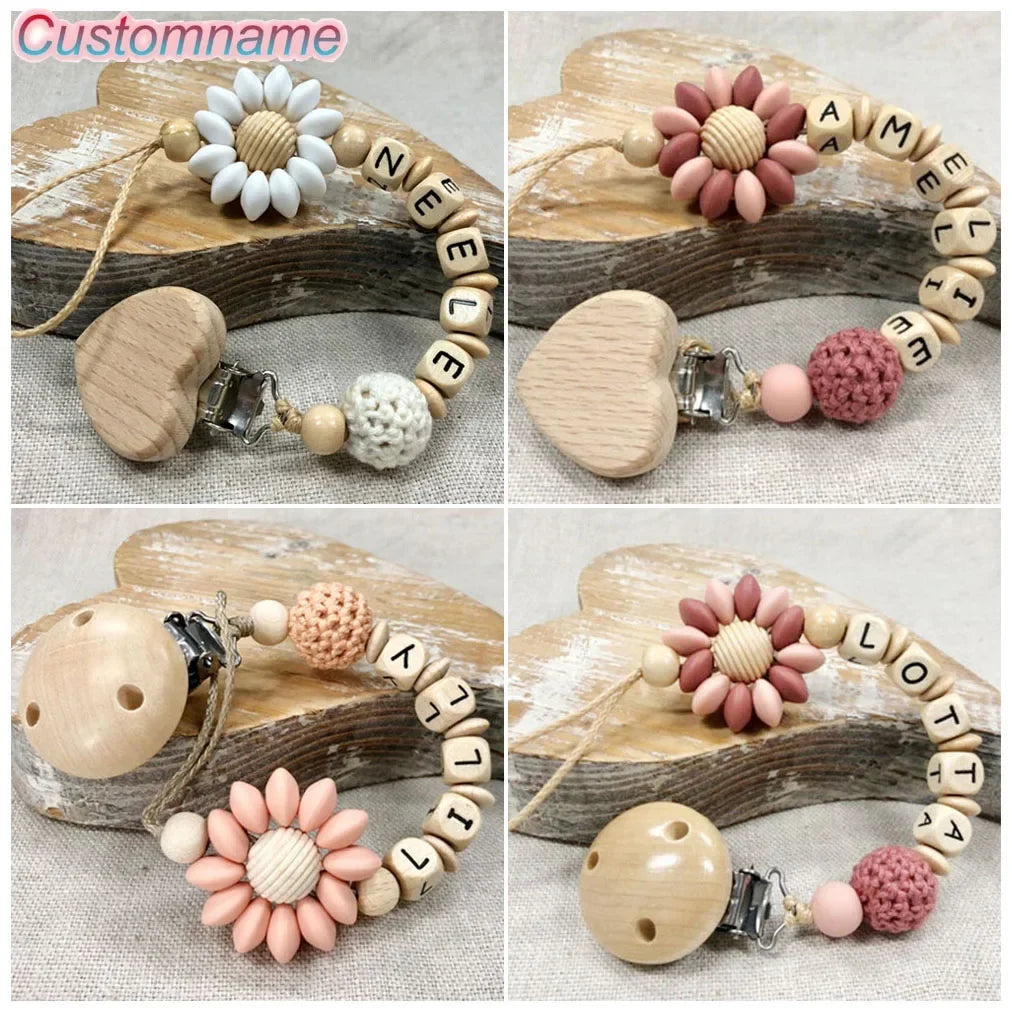 Baby Custom Name Silicone Beads Flower Ring Pacifier Clips Safe Teething Chains Teether Eco-friendly Dummy Beech Clips Holder