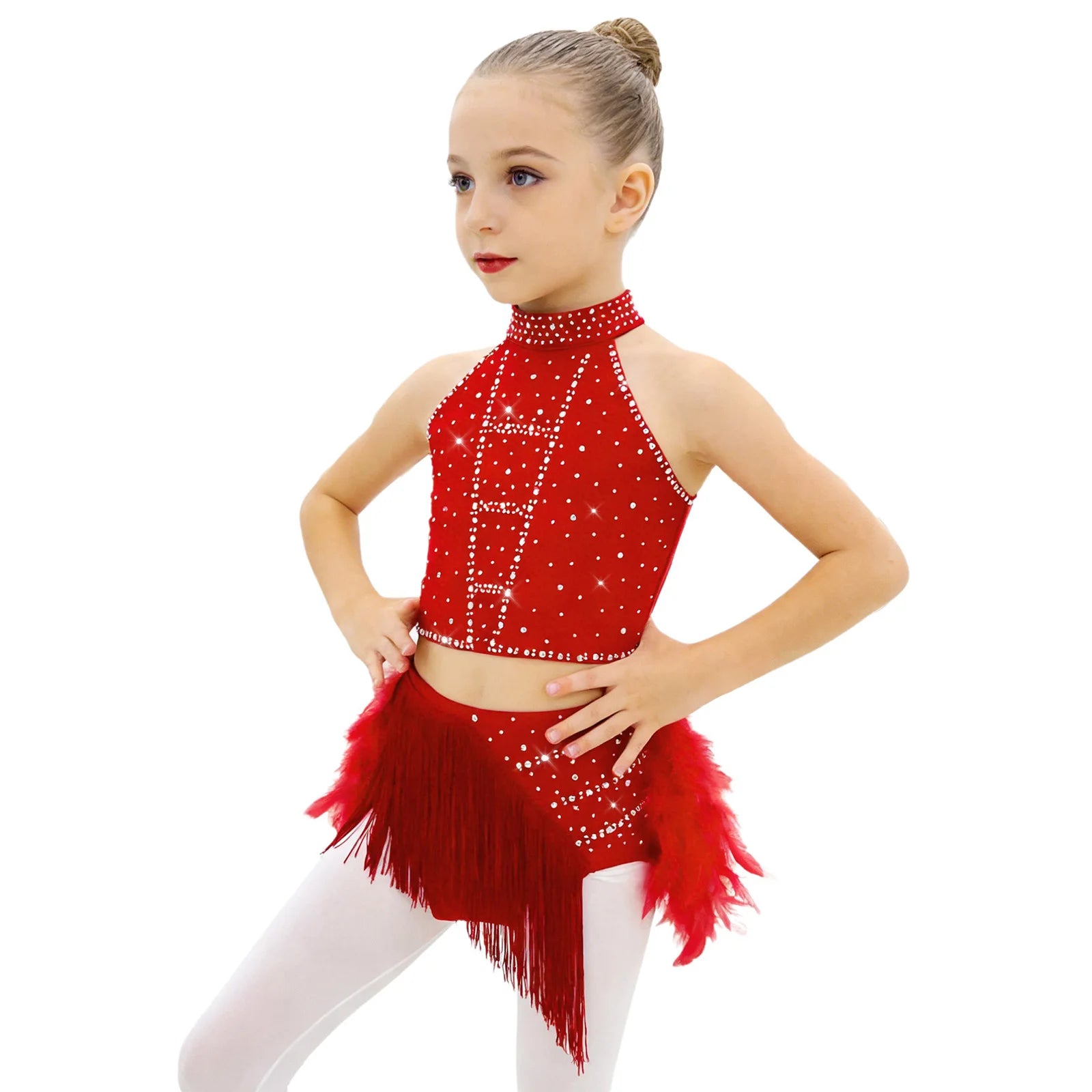Kids Girls Ballet Samba Rumba Dance Outfits Latin Dance Performance Costume Crop Top with Tassels Feather Skirt Dance Wear