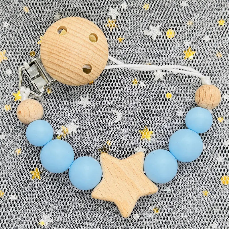 Custom Name Silicone Beads Wooden Ring Pacifier Clips Safe Teething Chains Baby Teether Eco-friendly Dummy Beech Clips Holder