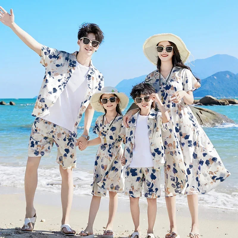 2024 Summer Family Vacation Look Clothes Mom and Daughter Short Sleeve Dress Holiday Dad and Son Shirts Two Piece Outfits Sets