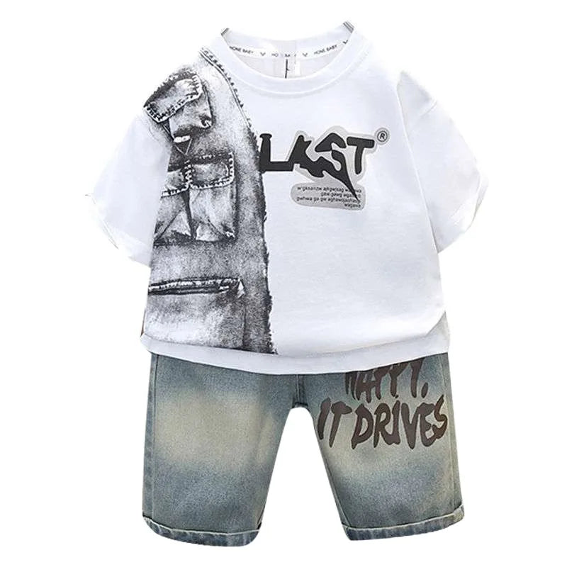 Summer New Children Boys Outfit Muslin Letter Handsome Round Collar Tops Suit Gradient Denim Pants Thin Toddler Kids Boys Outfit
