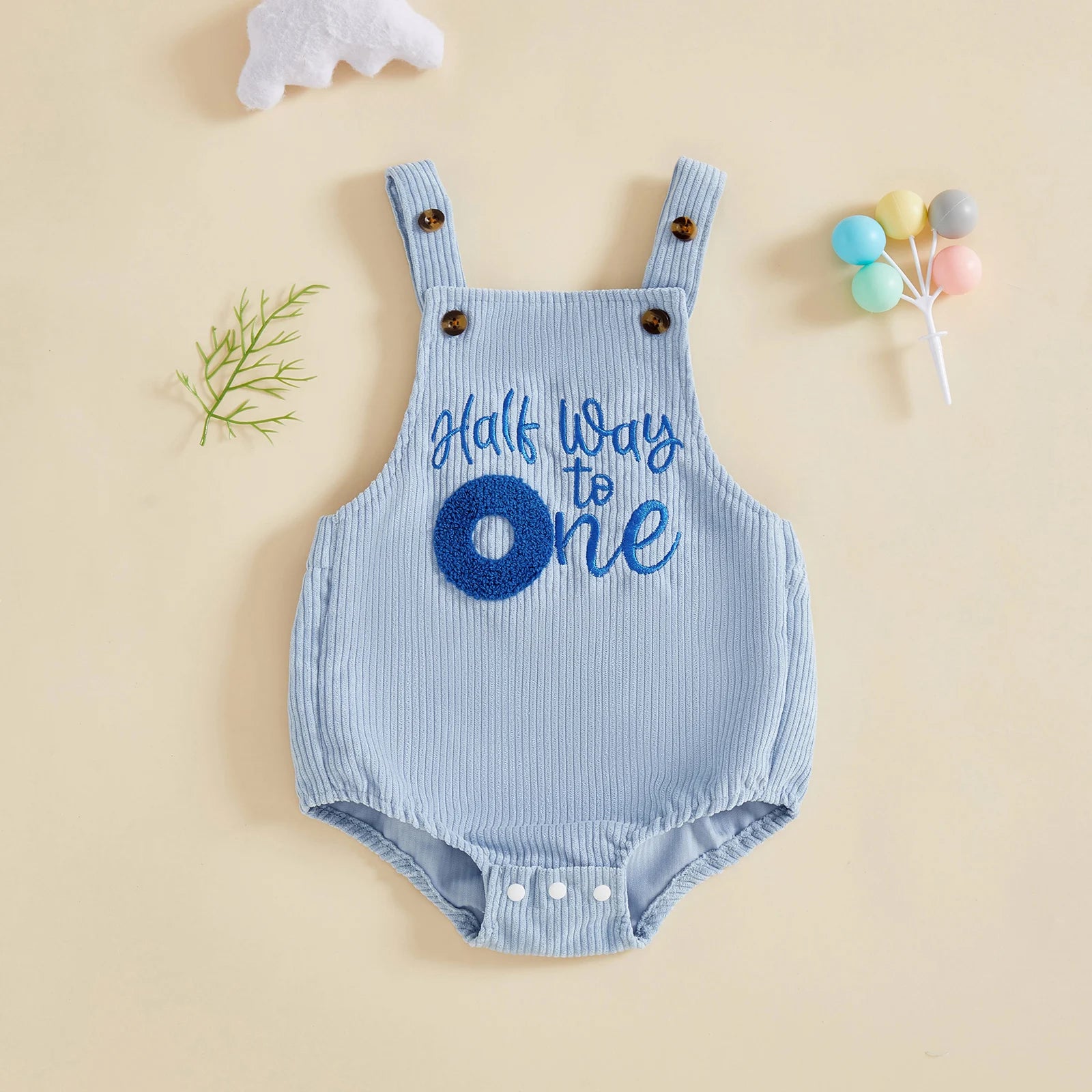Baby Boy 1/2 Birthday Outfit Sleeveless Corduroy Overalls Half Way to One Cake Smash Romper for Half Birthday Party