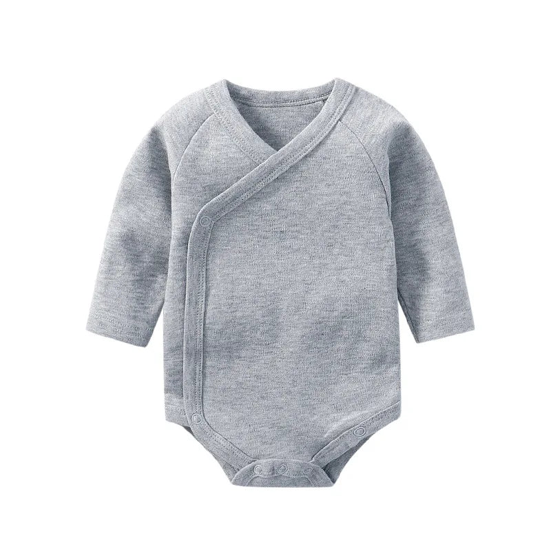 Newborn Baby Bodysuit 0 To 3 Months 100% Cotton Slanting Open Button Solid Color Long Sleeve Jumpsuits Baby Boy Girl Clothes