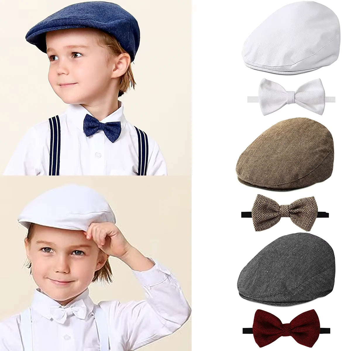 Baby Hat Kids Cap Toddler Birthday Baptism Accessorie Newborn  Christening Newsboy Vintage Driver Beret with Bow Tie