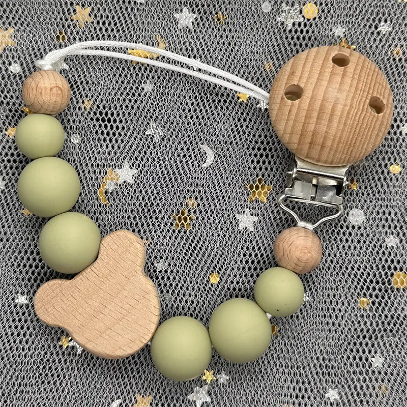 Custom Name Silicone Beads Wooden Ring Pacifier Clips Safe Teething Chains Baby Teether Eco-friendly Dummy Beech Clips Holder