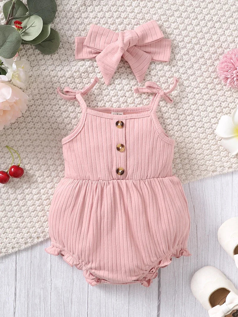 Newborn Baby Girl Bodysuit 0-9 Months Pink Cute Suspender Sleeveless Romper+Big Headband 2PCS Summer Clothes Set for Infant Girl