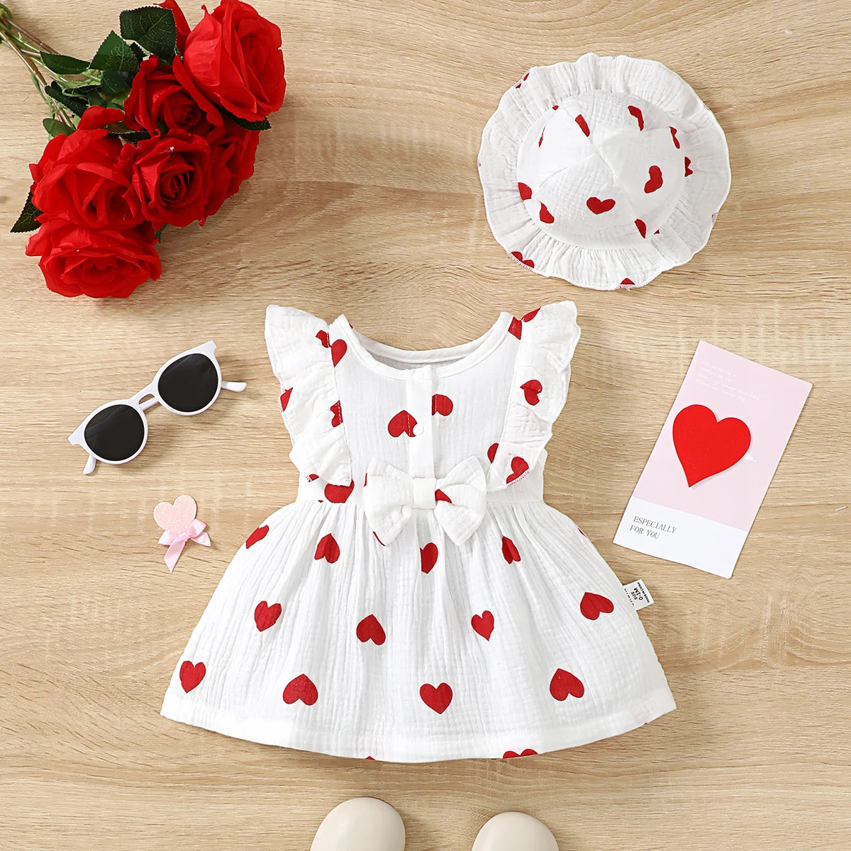 2PCS Dress Clothes Set Newborn Baby Girl Love Print Sleeveless Dress With Hat Summer Fashion Cute Wear for Infant Girl 0-9Months