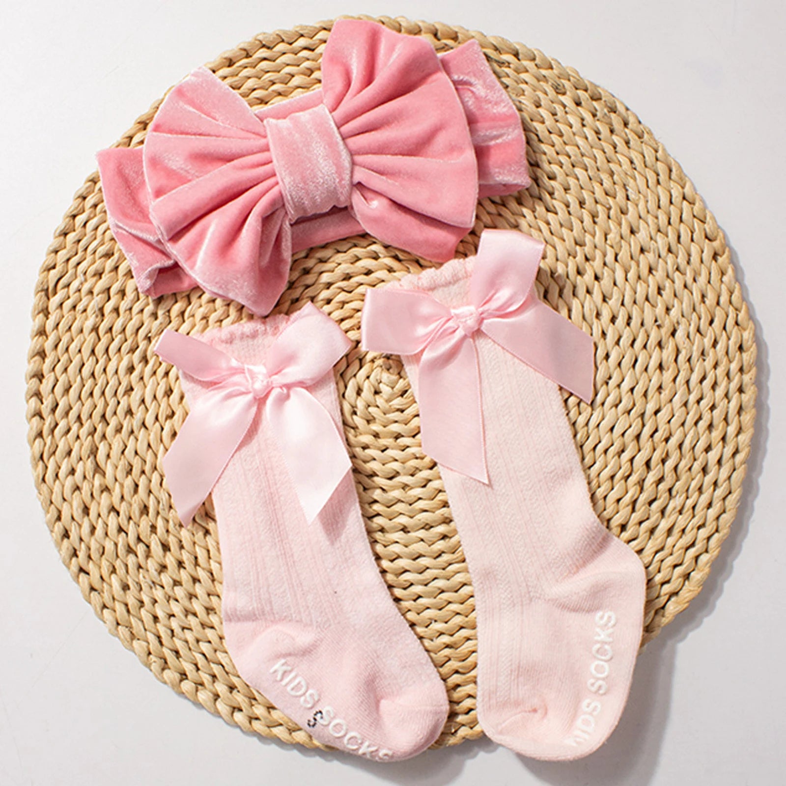 Baby Girls Socks Headband Set Breathable Knit Bow Princess Socks for Party, Wedding, Photography