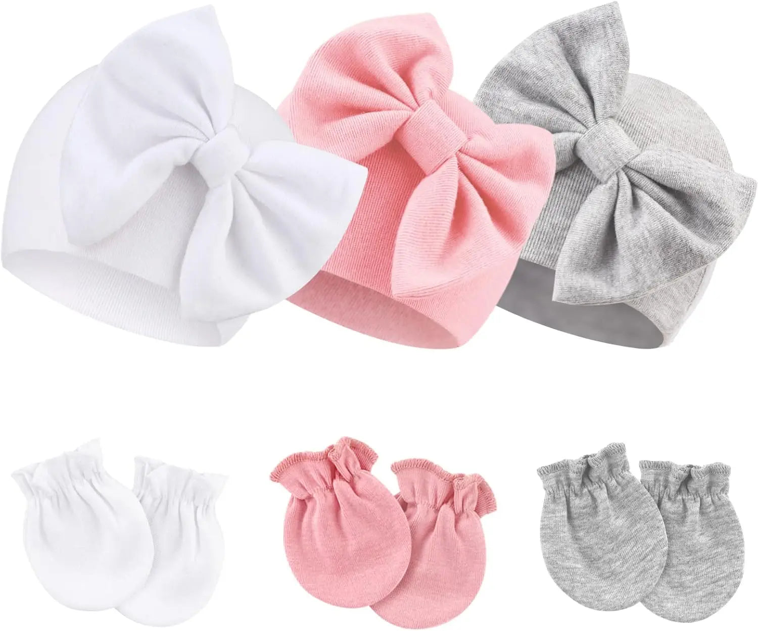 6Pcs/Set Newborn Bow Baby Hat & Scratch Mittens Set, Baby Cute Covered Hat, Headwear Accessories, Perfect Gift for Baby's Birth