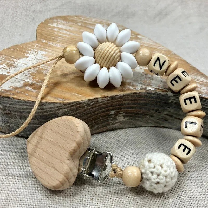 Baby Custom Name Silicone Beads Flower Ring Pacifier Clips Safe Teething Chains Teether Eco-friendly Dummy Beech Clips Holder