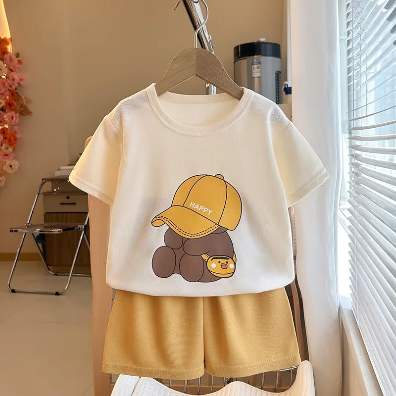 Summer 2025 Kids Clothes Children Short Sleeve Outfit Set Toddler Boys Girls Casual T-Shirt+Shorts Sports 2PCS Bear Clothing