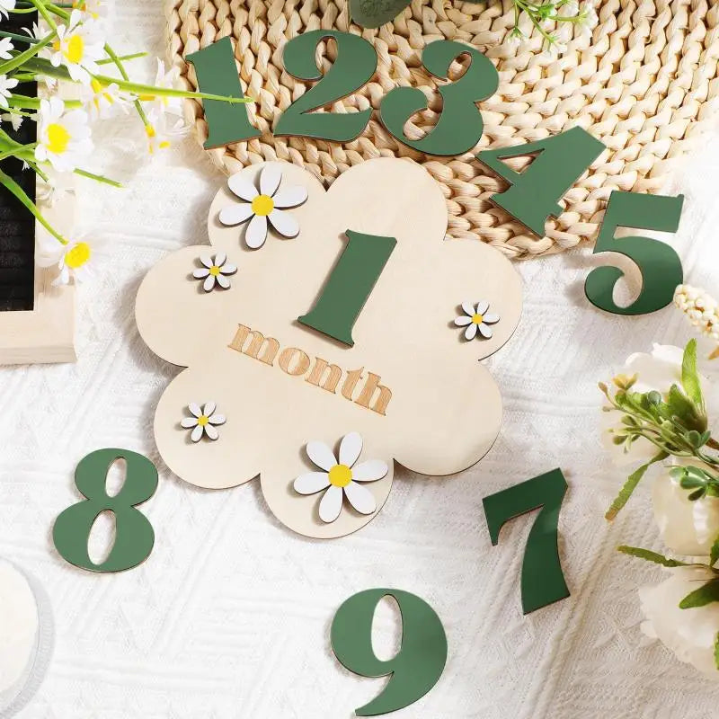 Z. Wooden Baby Monthly Milestone Cards Flowers Double Sides Number Month Girls Boys Newborn Photography Props Accessories