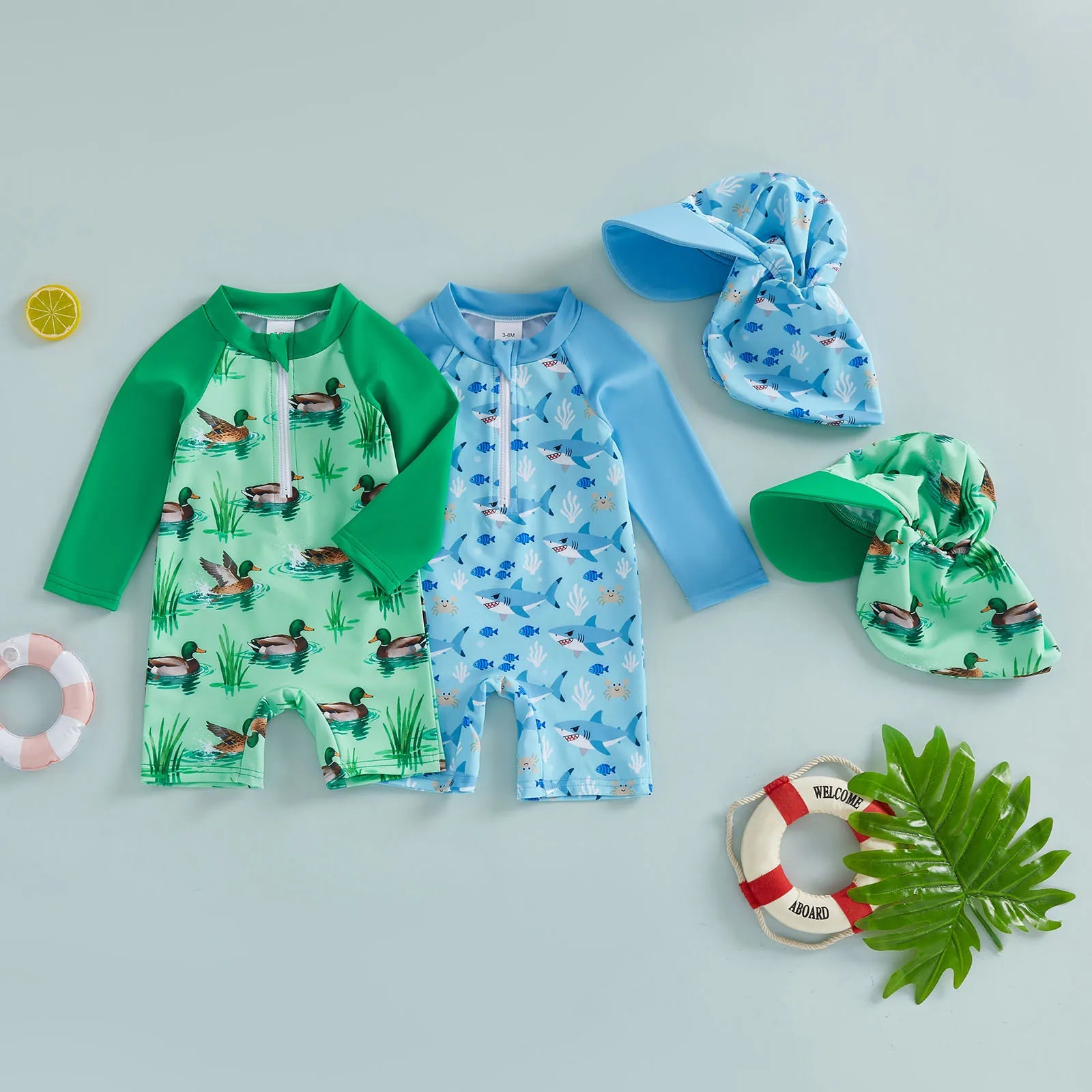 Toddler Baby Boy Rash Guard Swimsuits Cartoon Shark/Duck Print Long Sleeve Zip Up Bathing Suit with Sun Caps Summer Swimwear